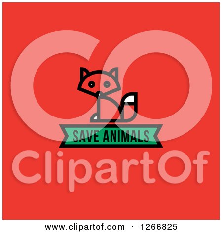 Clipart of a Sitting Fox with a Save Animals Banner on Red - Royalty Free Vector Illustration by elena