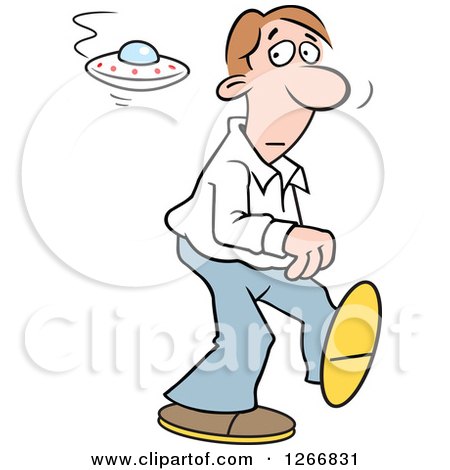 Clipart of a Brunette White Man Walking and Encountering a UFO - Royalty Free Vector Illustration by Johnny Sajem
