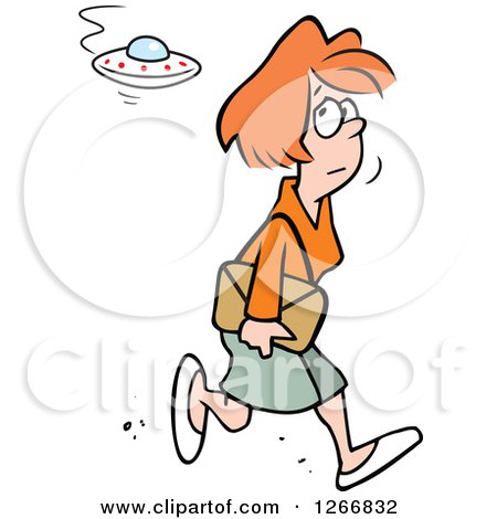Clipart of a Red Haired White Woman Walking and Encountering a UFO - Royalty Free Vector Illustration by Johnny Sajem