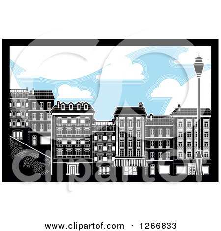 Clipart of Black and White City Buildings Under a Cloudy Blue Sky - Royalty Free Vector Illustration by Frisko