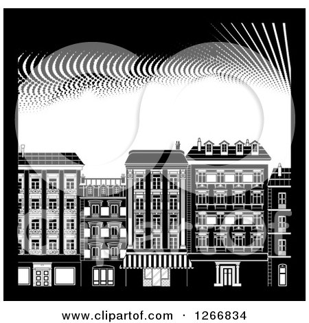Clipart of Black and White City Buildings with a Border and Dots - Royalty Free Vector Illustration by Frisko