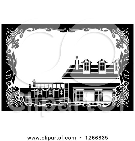 Clipart of a Black and White Border Around Roof Tops - Royalty Free Vector Illustration by Frisko