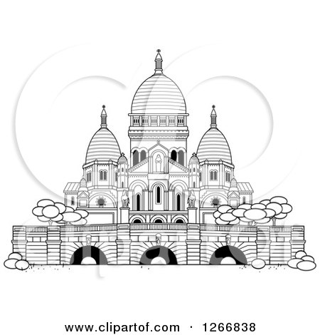 Clipart of a Black and White Facade of Sacre Coeur - Royalty Free Vector Illustration by Frisko