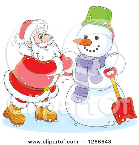 Clipart of Santa Finishing up a Christmas Snowman - Royalty Free Vector Illustration by Alex Bannykh