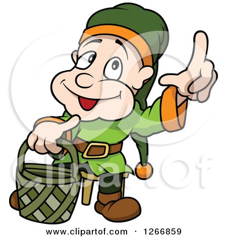 Clipart of a Happy Male Dwarf Carrying a Basket and Holding up a Finger - Royalty Free Vector Illustration by dero