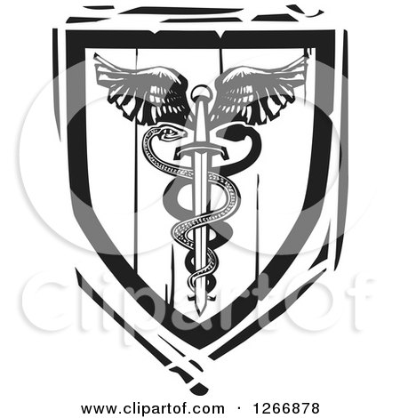 Clipart of a Black and White Woodcut Heraldic Double Snake Caduceus with a Winged Sword Shield - Royalty Free Vector Illustration by xunantunich