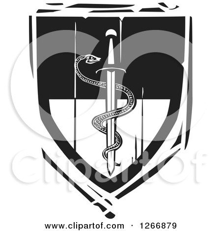 Clipart of a Black and White Woodcut Heraldic Medical Sword with an Entwined Snake Shield - Royalty Free Vector Illustration by xunantunich