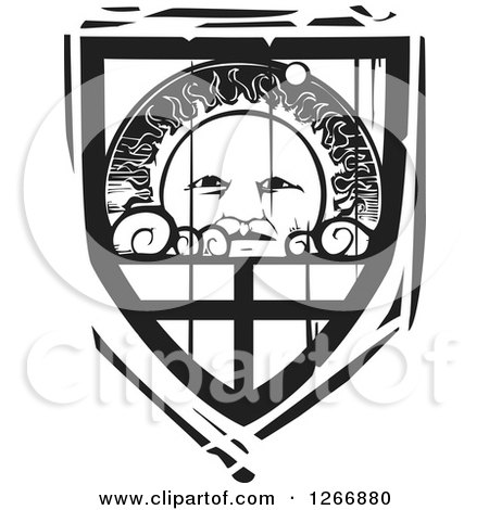 Clipart of a Black and White Woodcut Heraldic Sun Shield - Royalty Free Vector Illustration by xunantunich
