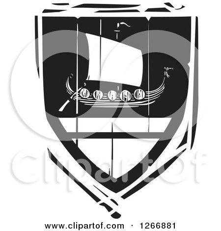 Clipart of a Black and White Woodcut Heraldic Viking Longship Shield - Royalty Free Vector Illustration by xunantunich