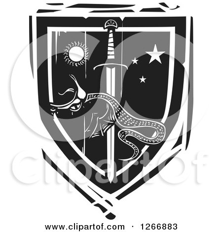 Clipart of a Black and White Woodcut Heraldic Dragon and Sword Shield - Royalty Free Vector Illustration by xunantunich