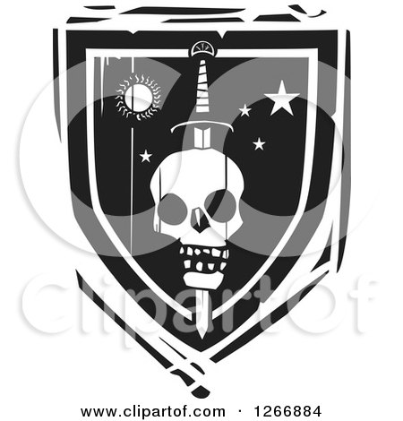 Clipart of a Black and White Woodcut Heraldic Sword Through a Skull Shield - Royalty Free Vector Illustration by xunantunich