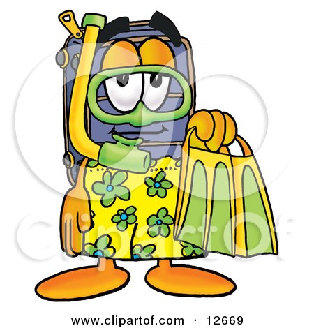 Clipart Picture of a Suitcase Cartoon Character in Green and Yellow Snorkel Gear by Mascot Junction