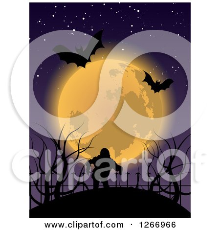 Clipart of a Halloween Background of Bats and a Full Moon over a Zombie - Royalty Free Vector Illustration by vectorace