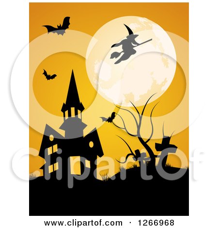 Clipart of a Full Moon with a Witch and Bats over a Halloween Haunted House and Cemetery - Royalty Free Vector Illustration by vectorace