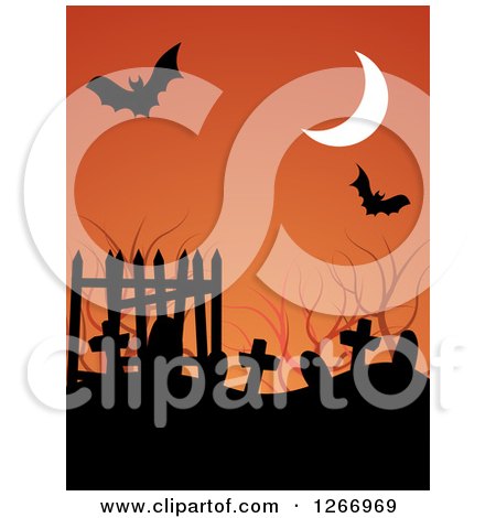 Clipart of a Halloween Background of a Crescent Moon, Bats and Tombstones over Orange - Royalty Free Vector Illustration by vectorace