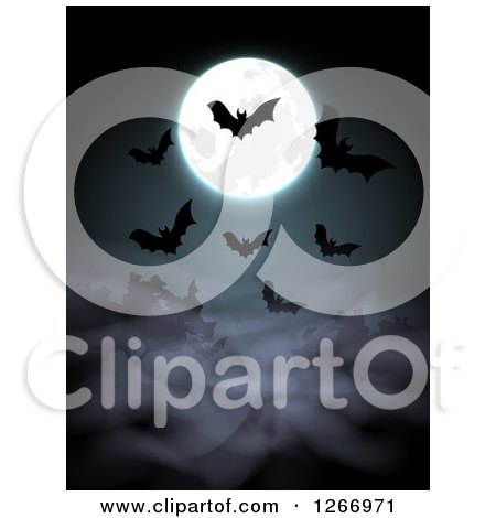 Clipart of a Halloween Background of Bats and a Full Moon over Fog - Royalty Free Vector Illustration by vectorace