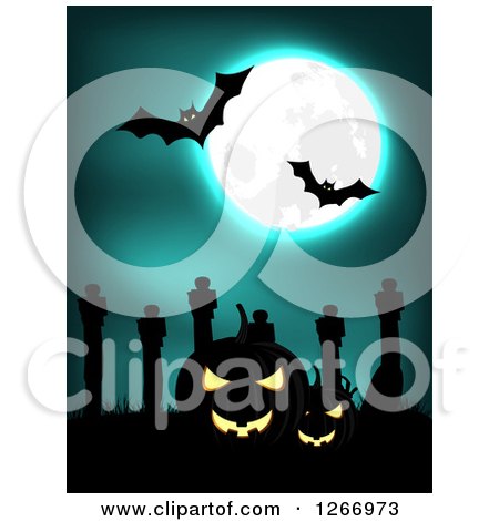 Clipart of a Full Moon and Bats over Headstones and Halloween Jackolanterns - Royalty Free Vector Illustration by vectorace