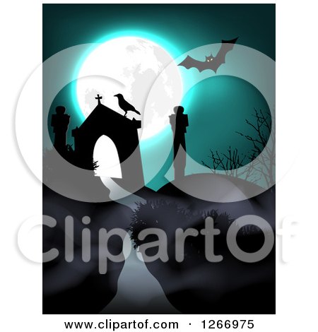 Clipart of a Halloween Background of a Full Moon and Bat over a Crow in a Cemtery - Royalty Free Vector Illustration by vectorace
