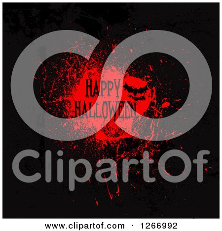Clipart of a Happy Halloween Greeting over a Red Grungy Blood Splatter with a Bat - Royalty Free Vector Illustration by KJ Pargeter