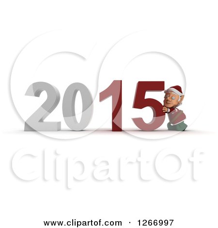 Clipart of a 3d Christmas Elf Pushing 2015 New Year Together - Royalty Free Illustration by KJ Pargeter