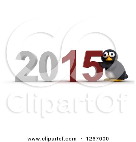 Clipart of a 3d Penguin Pushing 2015 New Year Together - Royalty Free Illustration by KJ Pargeter