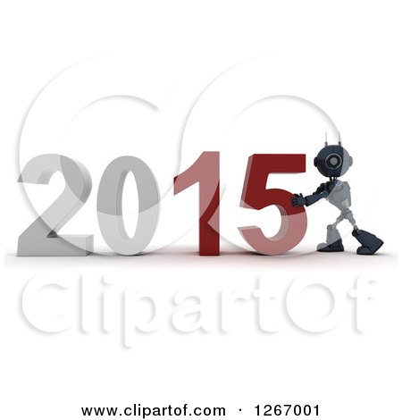 Clipart of a 3d Blue Android Robot Pushing 2015 New Year Together - Royalty Free Illustration by KJ Pargeter