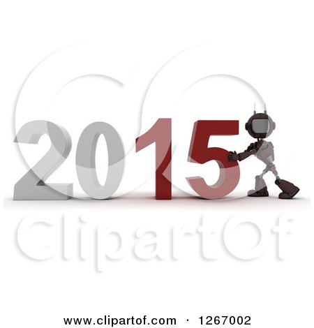 Clipart of a 3d Red Android Robot Pushing 2015 New Year Together - Royalty Free Illustration by KJ Pargeter