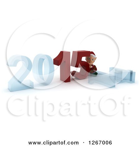 Clipart of a 3d Christmas Elf Pushing 2015 New Year Together by a Fallen 14 - Royalty Free Illustration by KJ Pargeter