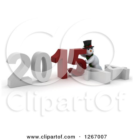 Clipart of a 3d Snowman Pushing 2015 New Year Together by a Fallen 14 - Royalty Free Illustration by KJ Pargeter