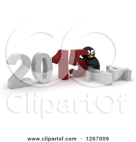 Clipart of a 3d Penguin Pushing 2015 New Year Together by a Fallen 14 - Royalty Free Illustration by KJ Pargeter