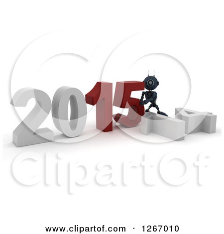 Clipart of a 3d Blue Android Robot Pushing 2015 New Year Together by a Fallen 14 - Royalty Free Illustration by KJ Pargeter