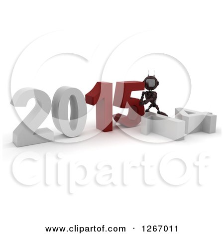 Clipart of a 3d Red Android Robot Pushing 2015 New Year Together by a Fallen 14 - Royalty Free Illustration by KJ Pargeter