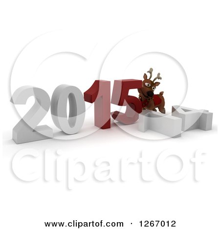 Clipart of a 3d Reindeer Pushing 2015 New Year Together by a Fallen 14 - Royalty Free Illustration by KJ Pargeter