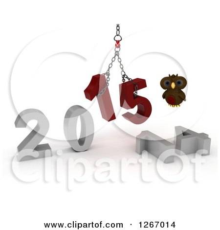 Clipart of a 3d Owl with a 2014 to New Year 2015 Wrecking Ball - Royalty Free Illustration by KJ Pargeter