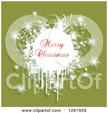 Clipart of a Merry Christmas Greeting over Grunge Plants and Snowflakes on Green - Royalty Free Vector Illustration by KJ Pargeter