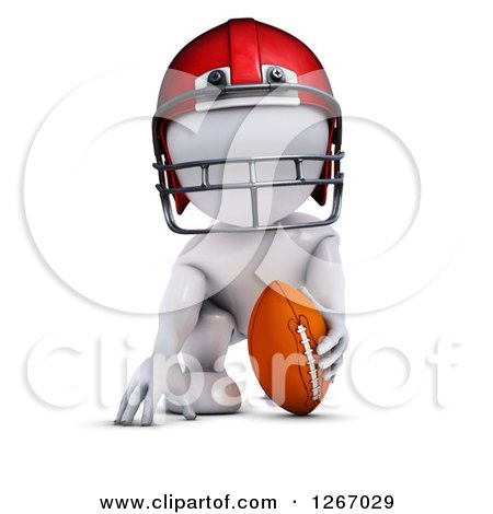Clipart of a 3d White Man Crouching with a Football - Royalty Free Illustration by KJ Pargeter