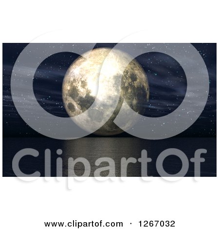 Clipart of a 3d Full Moon over the Ocean at Night - Royalty Free Illustration by KJ Pargeter
