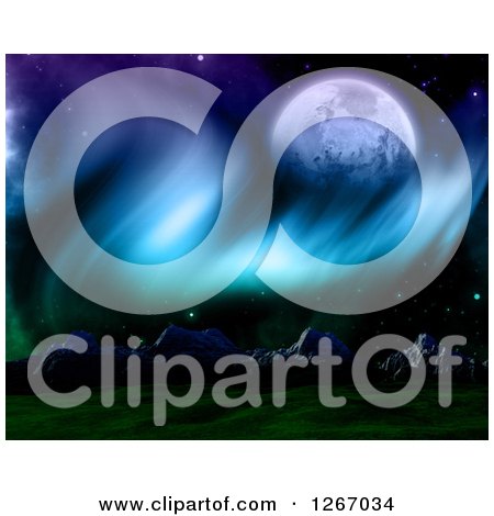 Clipart of a 3d Fictional Planet and Northern Lights over Mountains - Royalty Free Illustration by KJ Pargeter