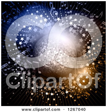 Clipart of a Disco Ball and Music Notes over a Star Burst - Royalty Free Vector Illustration by KJ Pargeter