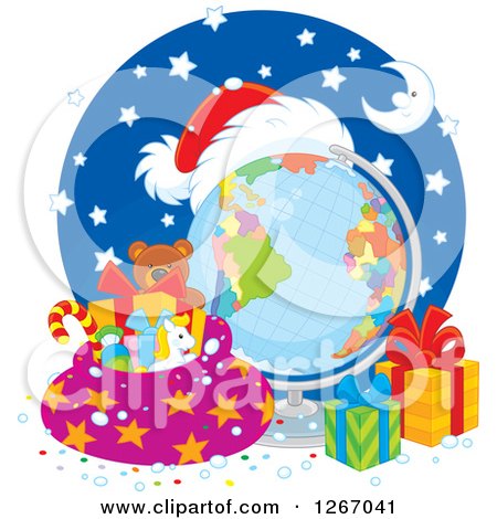 Clipart of a Christmas Desk Globe with a Santa Hat, Sack and Presents - Royalty Free Vector Illustration by Alex Bannykh