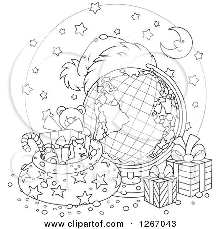 Clipart of a Black and White Christmas Desk Globe with a Santa Hat, Sack and Presents - Royalty Free Vector Illustration by Alex Bannykh