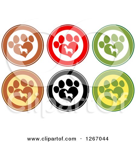 Clipart of Circles of Silhouetted Dogs in Heart Shaped Paw Prints - Royalty Free Vector Illustration by Hit Toon