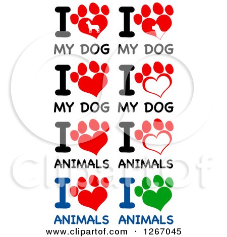 Clipart of Heart Shaped Paw Prints with I Love My Dog and Animals Text - Royalty Free Vector Illustration by Hit Toon