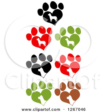 Clipart of White Silhouetted Dogs in Heart Shaped Paw Prints - Royalty Free Vector Illustration by Hit Toon