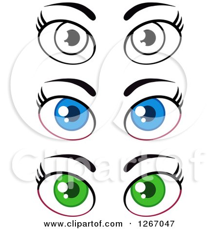 Clipart of Pairs of Blue, Green and Black and White Female Eyes and Brows - Royalty Free Vector Illustration by Hit Toon
