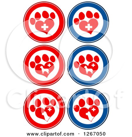 Clipart of Red Blue and White Circles of Heart Shaped Paw Prints, Dogs and Veterinary Crosses - Royalty Free Vector Illustration by Hit Toon