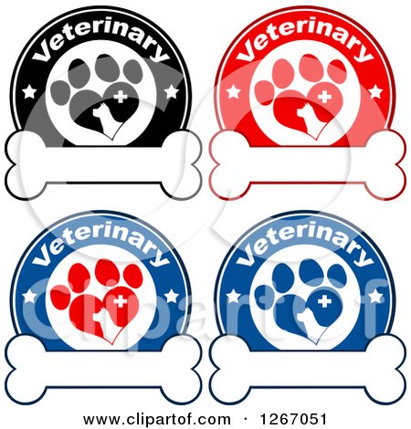 Clipart of Veterinary Circles of Silhouetted Dogs in Heart Shaped Paw Prints with Stars and Crosses over Bones - Royalty Free Vector Illustration by Hit Toon