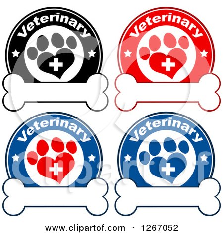 Clipart of Veterinary Circles of Crosses in Heart Shaped Paw Prints with Stars over Bones - Royalty Free Vector Illustration by Hit Toon
