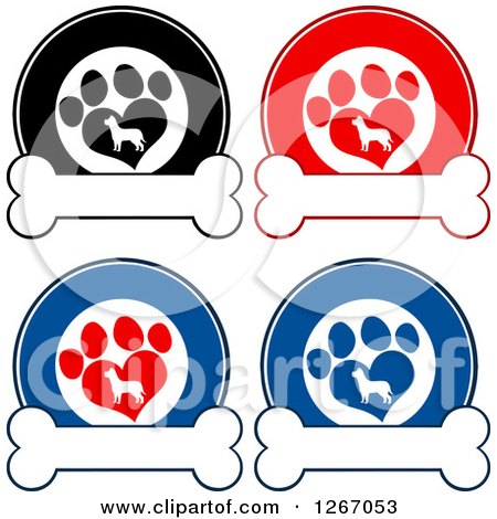 Clipart of Circles of Silhouetted Dogs in Heart Shaped Paw Prints over Bones - Royalty Free Vector Illustration by Hit Toon