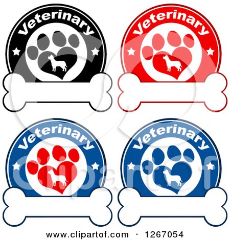 Clipart of Veterinary Circles of Silhouetted Dogs in Heart Shaped Paw Prints with Stars over Bones - Royalty Free Vector Illustration by Hit Toon